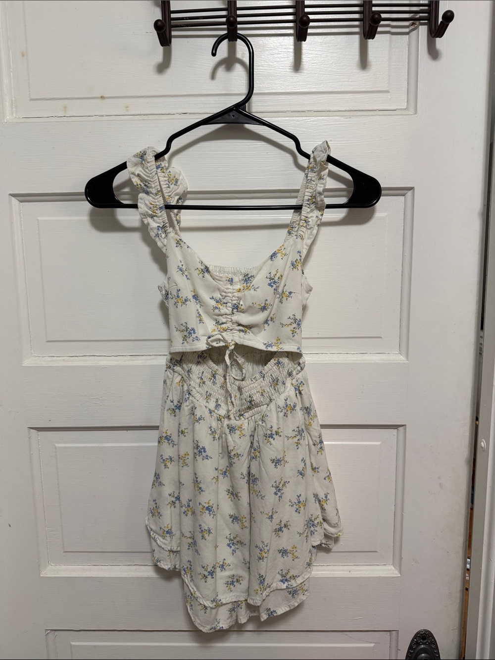 Women’s Cream Floral Romper with Ruffled Straps